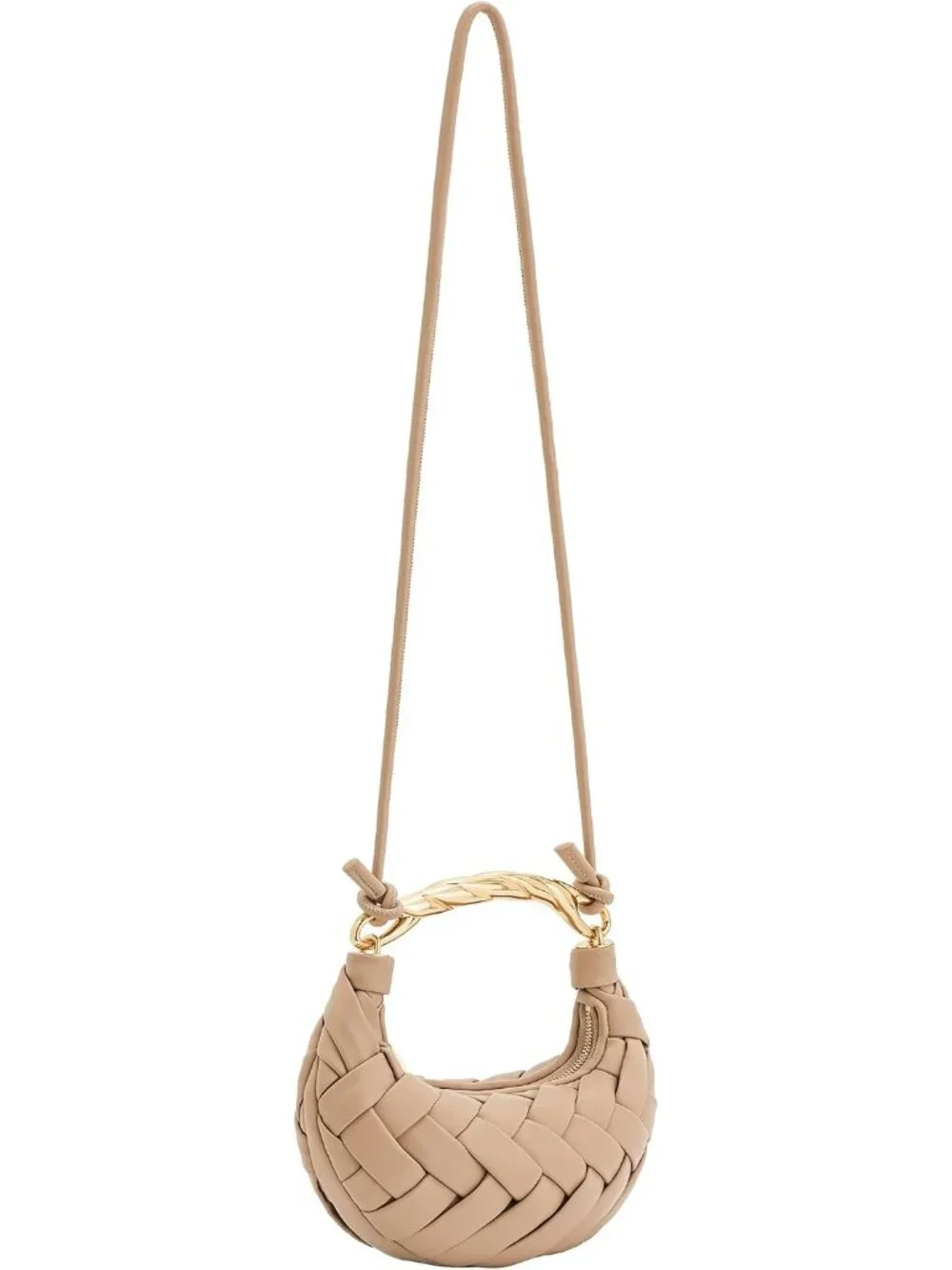 👜Women's Almond Orla Woven Top Zipper Handle Bag Gold Twist Handle Purse